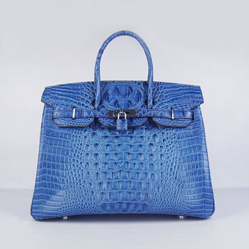 Hermes Birkin 35Cm Crocodile Head Stripe Handbags Dark Blue Silv